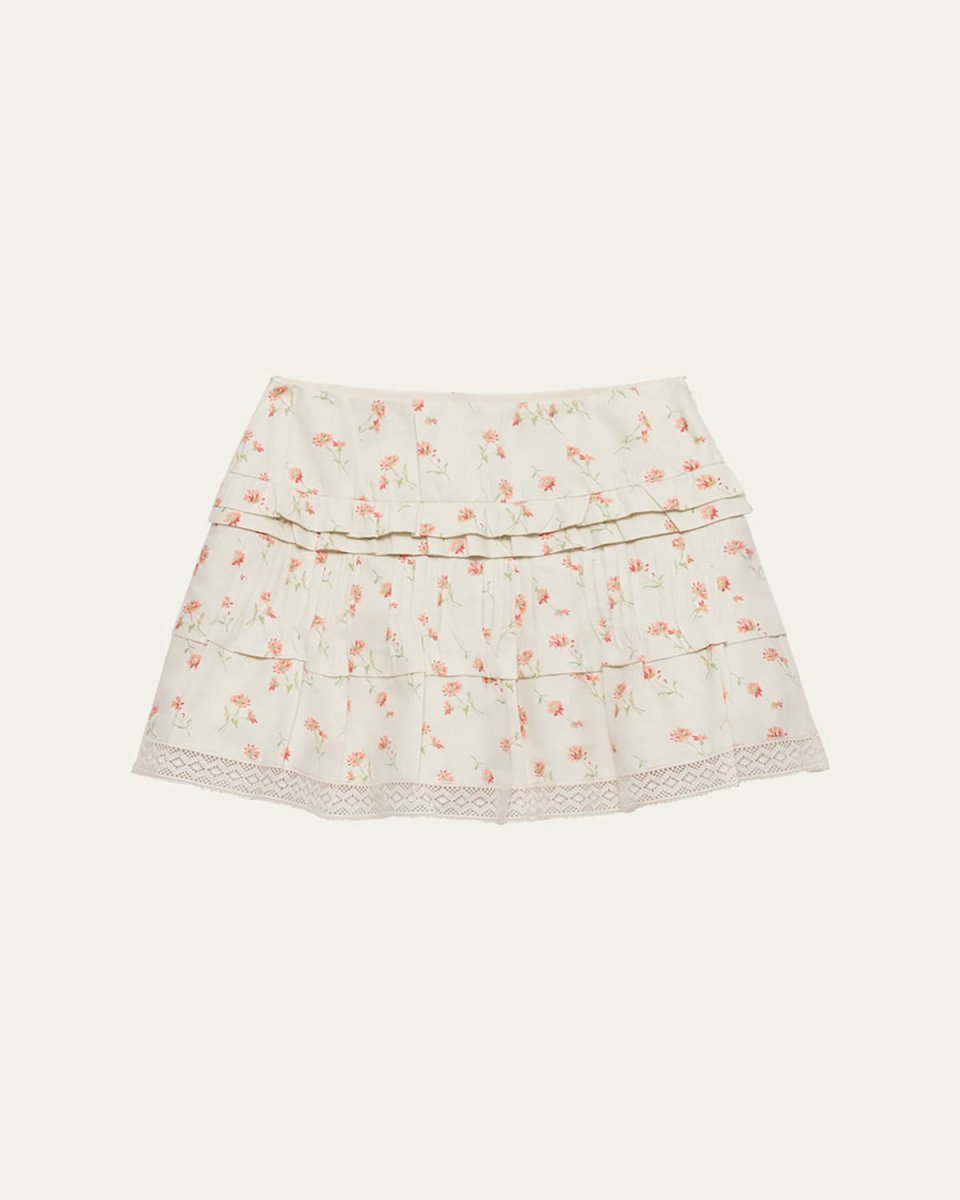 Flower Print Tiered Ruffle Linen Mini Skirt